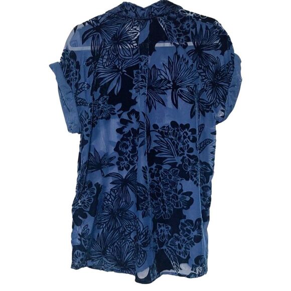 Women's Ecote Anora Floral Short Rollup Sleeve Burnout Velvet Button Down Top S - Picture 5 of 11